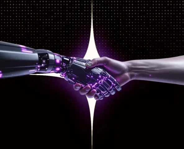 Human and robotic hands collaborating