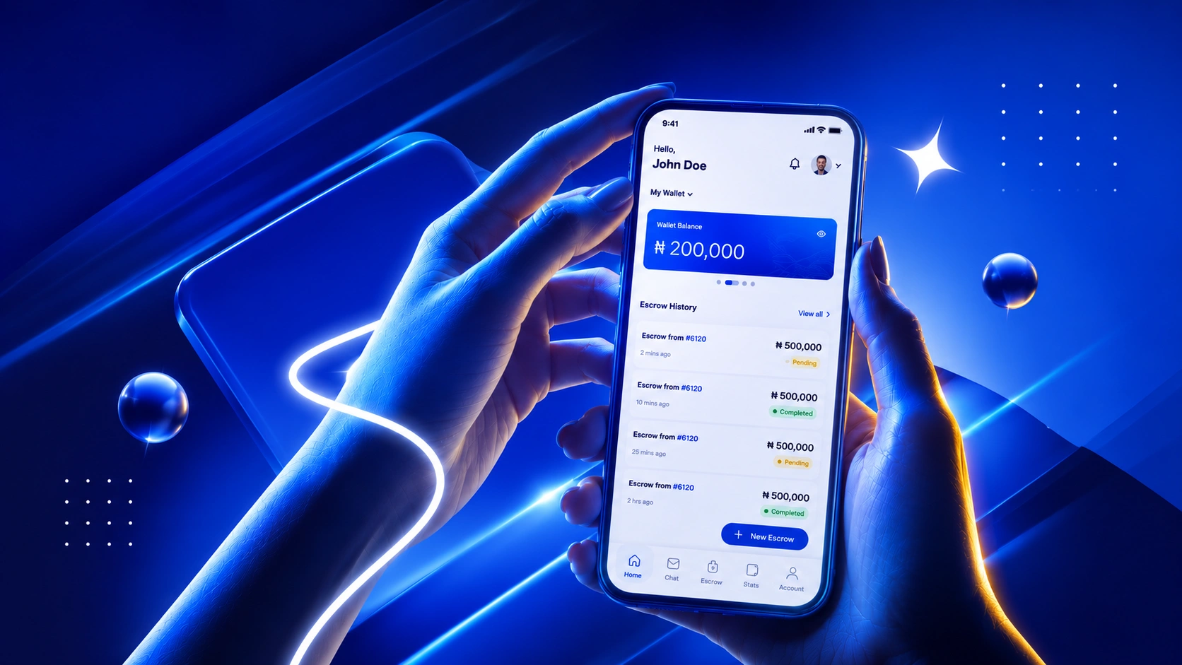 Hands holding a smartphone showing a finance app interface with balance and transaction history.